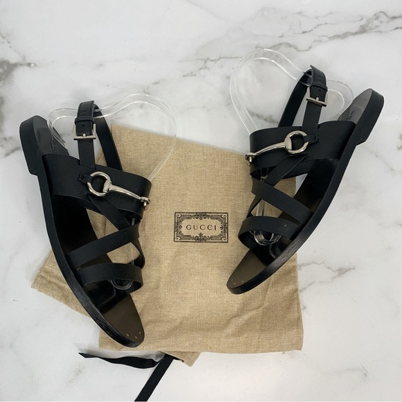 GUCCI Juliette Black Leather Horsebit Open Toe Flat Strappy Summer Sandals 38.5 - Picture 2 of 13